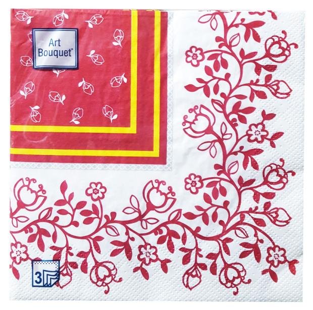 Салфетки одноразовые бумажные Bouquet трехслойные 33х33 см Красный орнамент барокко, 20 шт